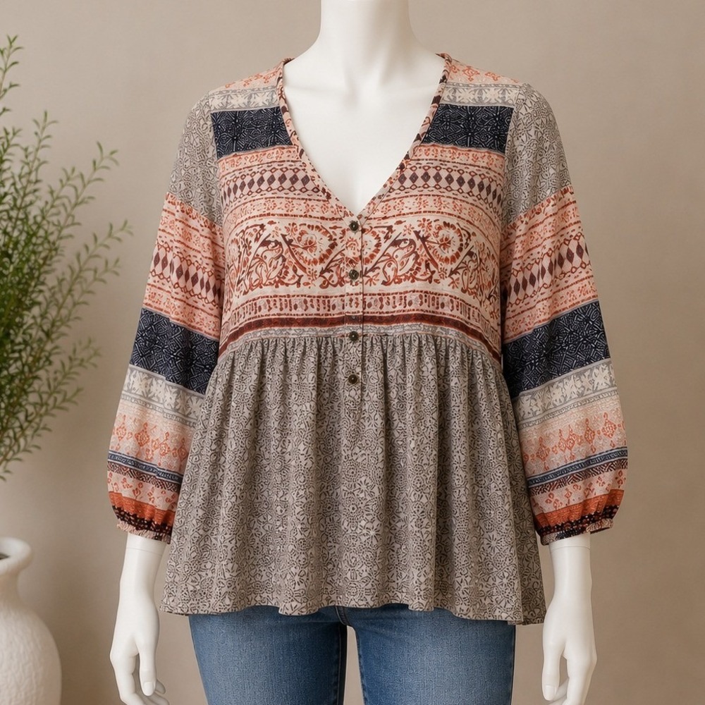 Ecote Womens Boho Festival Peasant Tunic M Peplum Indie Flowy Hippie Blouse